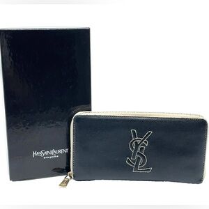 Yves Saint Laurent YSL Black Patent Leather Wallet White Accents & Box Rare